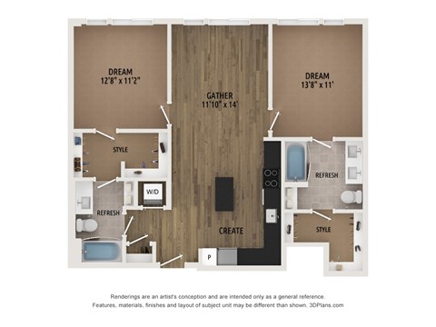 Floor plan for 2 beds, 2 baths, 1014 sqft